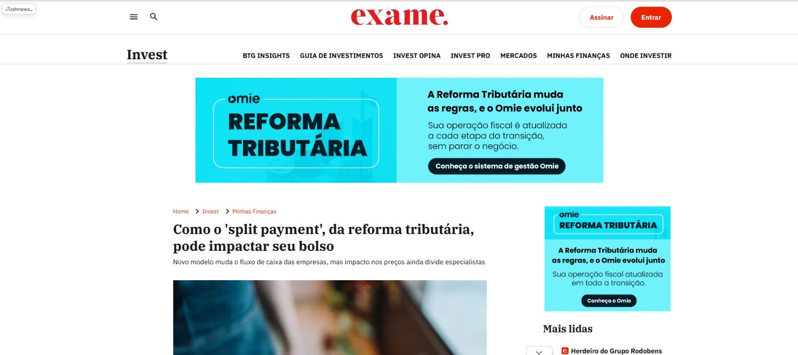 Notícia sobre a Reforma Tributária e o Split Payment